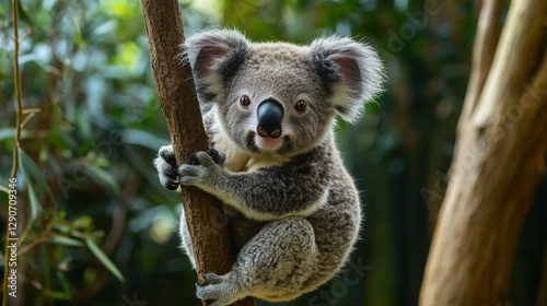 Cute baby koala clinging to a tree branch with a blurred eucalyptus forest in the background