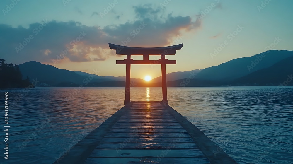 Sunset over the lake framed by an iconic Japanese Torii gate Sunset over the lake framed by an iconic Japanese Torii gate