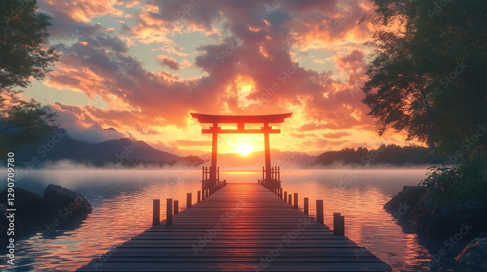 A beautiful sunset over a lake with a wooden pier A beautiful sunset over a lake with a wooden pier