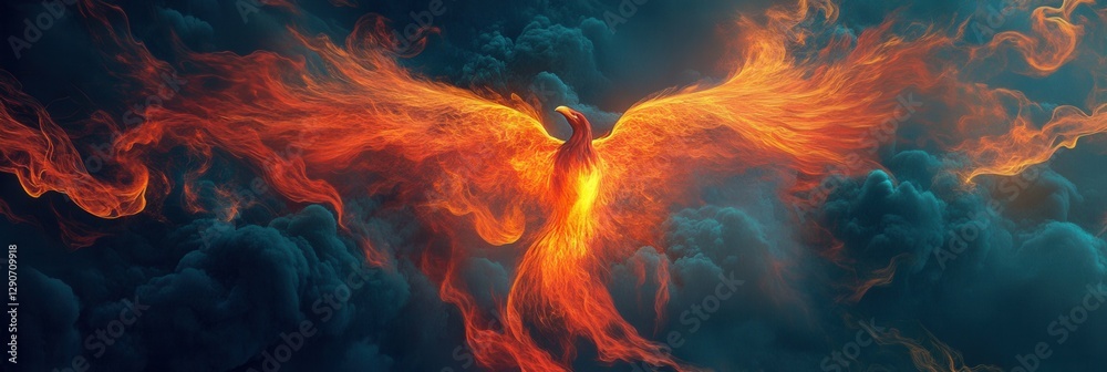 Fototapeta premium Firebird Phoenix Rising. Legendary Fantasy Creature Reborn from Ash