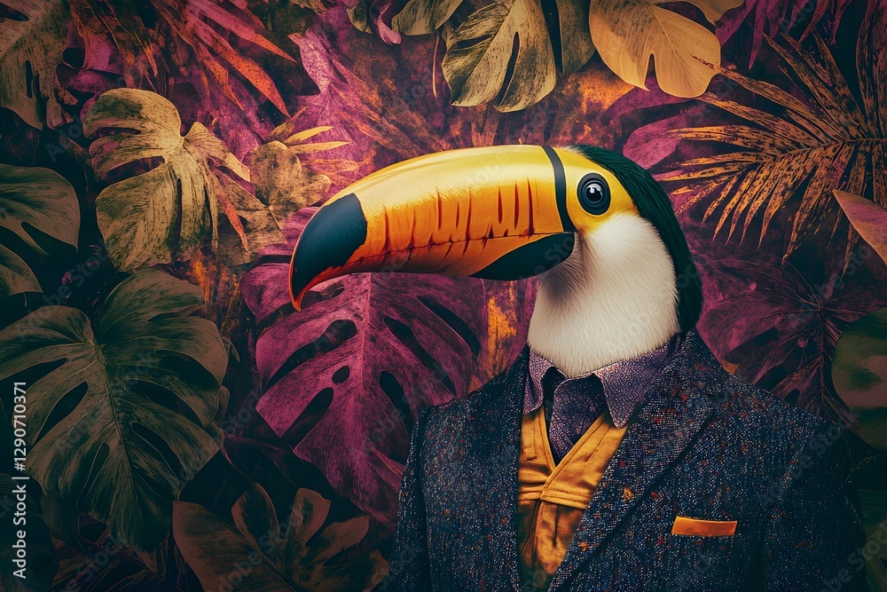 Obraz premium Colorful Toucan Perched Amidst Vibrant Tropical Foliage in Lush Rainforest Habitat