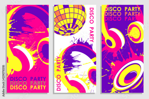 Set of vertical flyers with music wireless over ear headphones and sparkling mirror disco ball droped with colored blots, dots of paint. Templates for party invitation, banner, brochures print. Vector