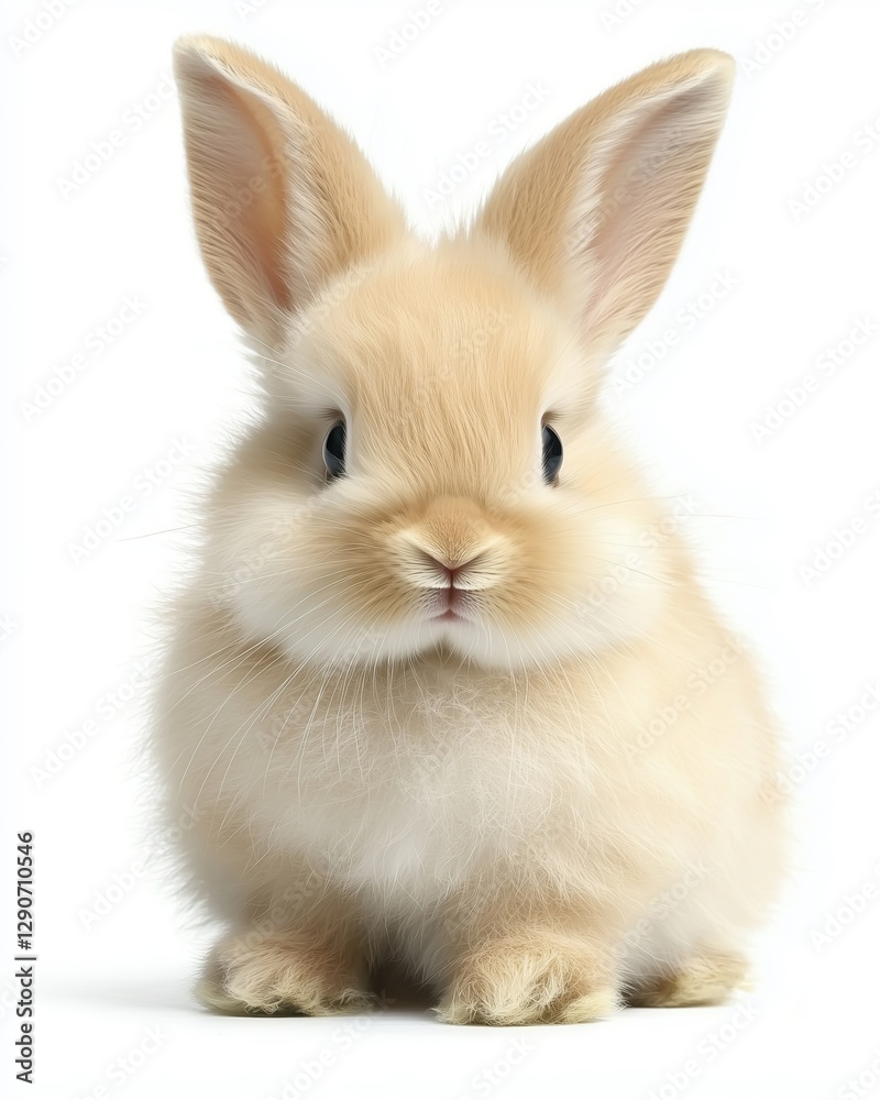 Obraz premium A close-up of a fluffy light brown bunny sitting against a white background.