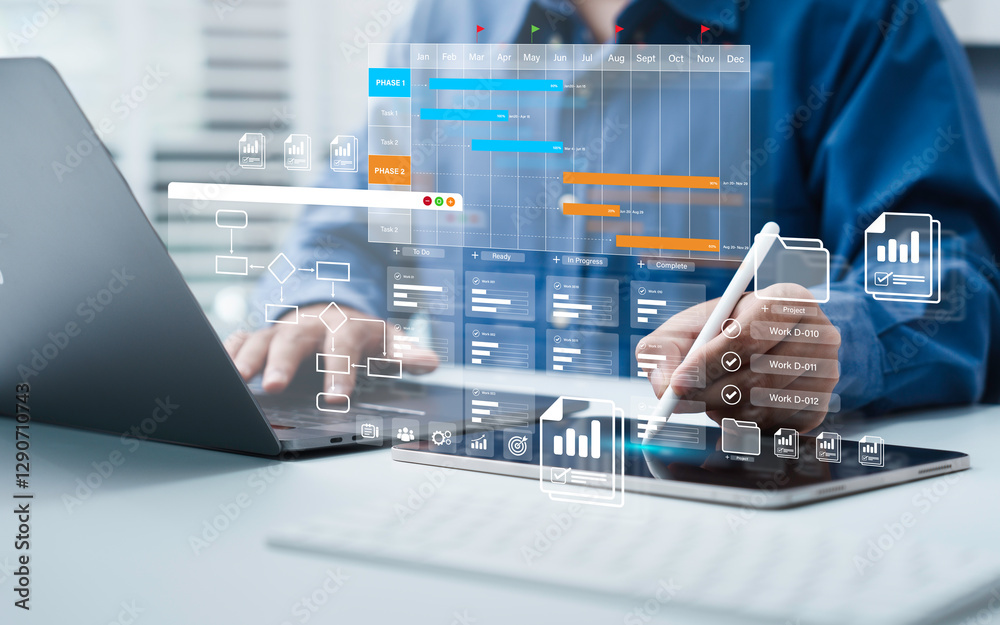Project management tool concept. Business people use laptop to manager working projects and update task with Gantt chart schedule to Business plan and progress. Planning software. Project management tool concept. Business people use laptop to manager working projects and update task with Gantt chart schedule to Business plan and progress. Planning software.
