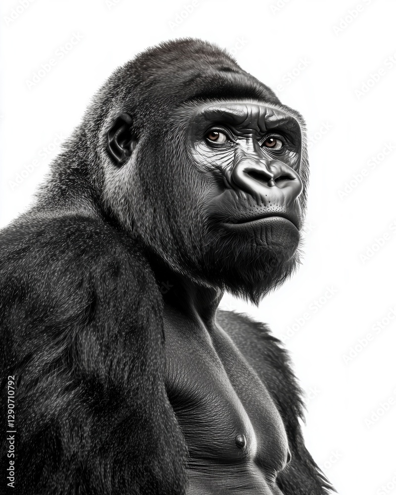 Obraz premium A close-up portrait of a majestic gorilla with a serious expression, showcasing its features.