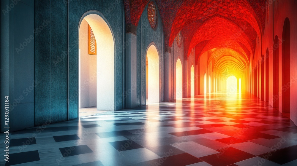 Serene Corridor with Intricate Arches and Warm Sunlight Effects