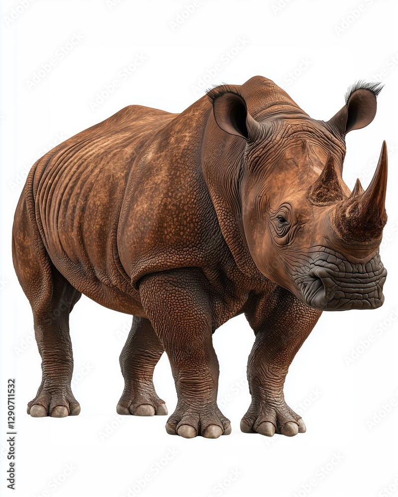 Fototapeta premium A realistic depiction of a rhinoceros with textured skin against a white background.