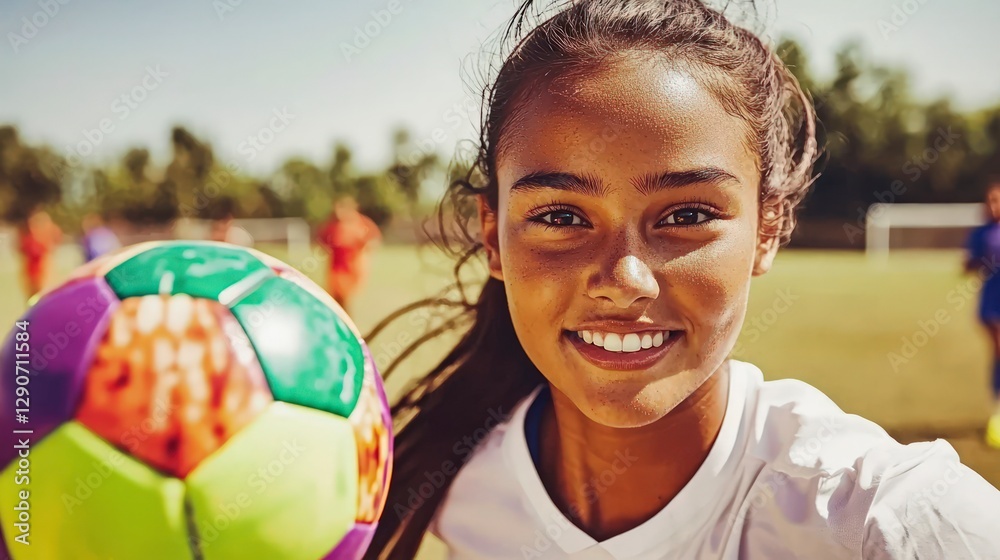 Naklejka premium Happy Girl Playing Soccer Smiling Youth Sports Athlete