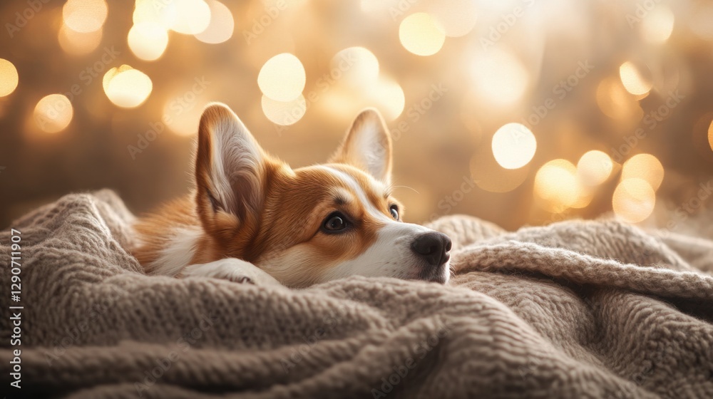 Fluffy corgi puppy lying on a cozy blanket with a warm, softly blurred background Fluffy corgi puppy lying on a cozy blanket with a warm, softly blurred background