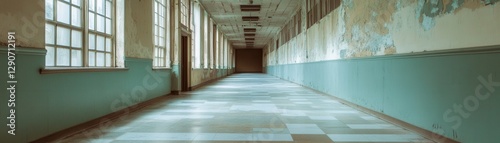 Abandoned hospital corridor with pristine linoleum floors, evoking a haunting sense of isolation and neglect.