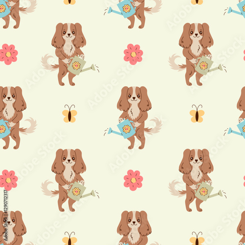Dog Watering Can Spring Seamless Pattern. Pet Springtime Background with cute spaniel puppy gardening tools butterfly flower. Repeat vector illustration 