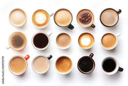 Assorted coffee cups overhead view.