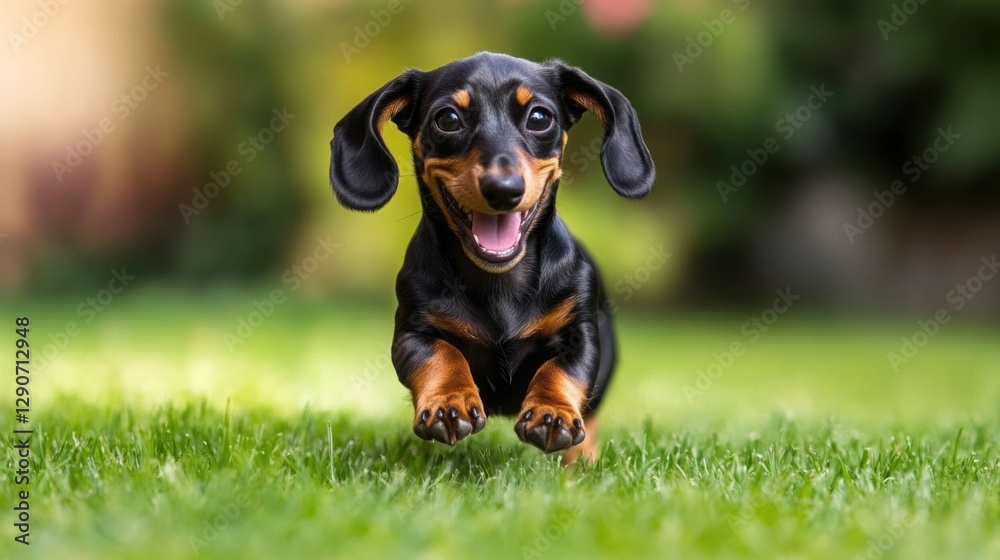 Happy dachshund puppy running on a green lawn with a softly blurred background Happy dachshund puppy running on a green lawn with a softly blurred background