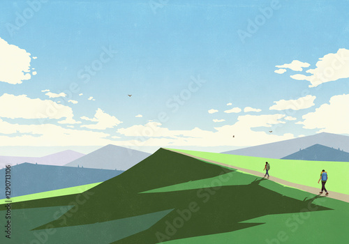 Couple backpacking in sunny, remote, idyllic green mountains
