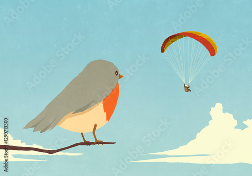 Curious bird perched on branch watching parachuter in blue sky
