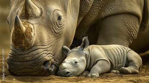 AI Generate A Baby Rhino Staying Close To Its Mother photo