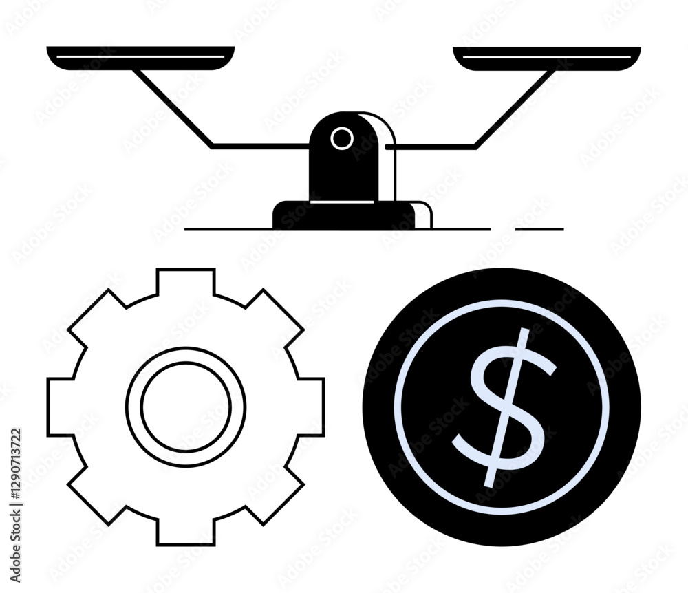 Balance scale atop gear and dollar coin representing fairness, cost vs efficiency, and value. Ideal for financial analysis, business strategy, decision-making, trade-offs, economics, productivity Balance scale atop gear and dollar coin representing fairness, cost vs efficiency, and value. Ideal for financial analysis, business strategy, decision-making, trade-offs, economics, productivity