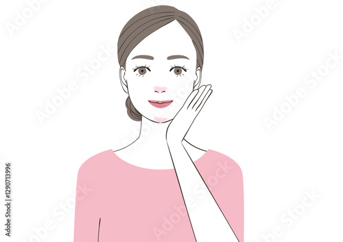 正面向きのきれいな女性のバストアップイラスト　笑顔で頬に手を当てている女性
