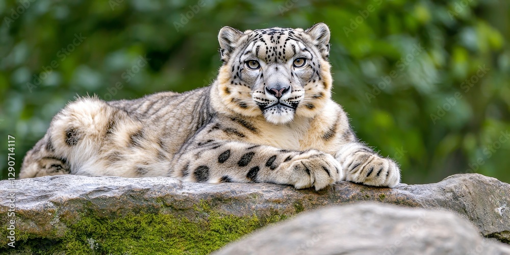 Obraz premium A majestic snow leopard rests on a rock, showcasing its beautiful fur patterns against a lush green background.