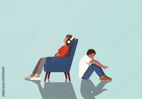Wallpaper Mural Man sitting on floor behind woman listening to music with headphones and relaxing in armchair
 Torontodigital.ca