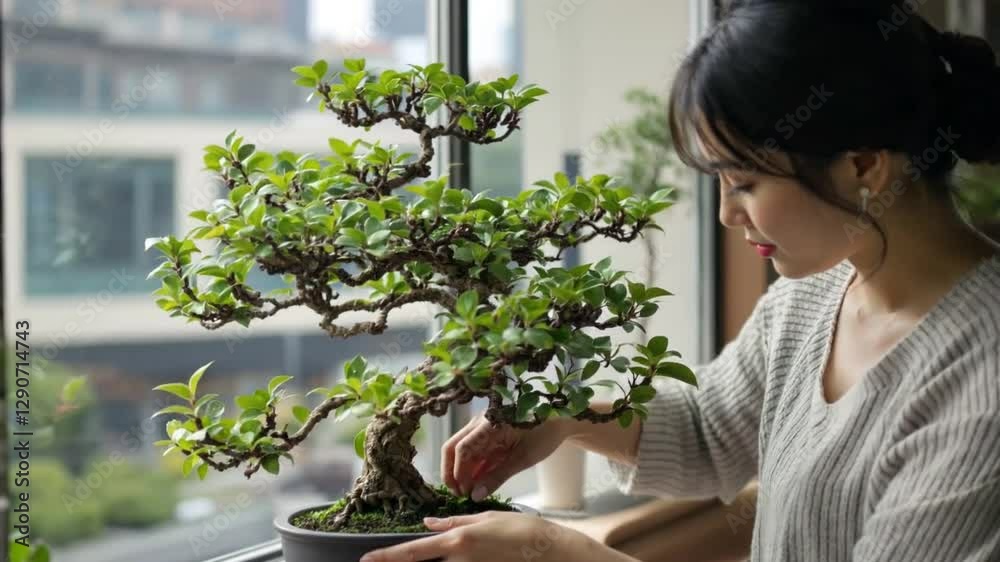 Portrait of beautiful woman watering green bonsai tree near the window with city in background Portrait of beautiful woman watering green bonsai tree near the window with city in background