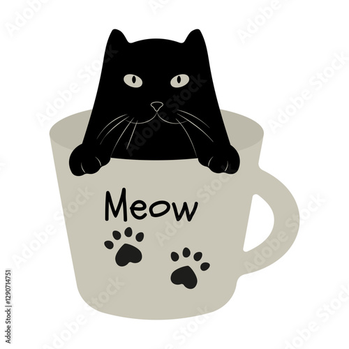 Funny Black Cat Peeking out of a Mug With Cute Paw Prints