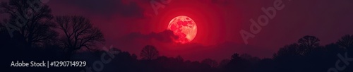 Silhouetted trees against a blood red moon Deep shadows, chilling atmosphere , gothic, horror scene