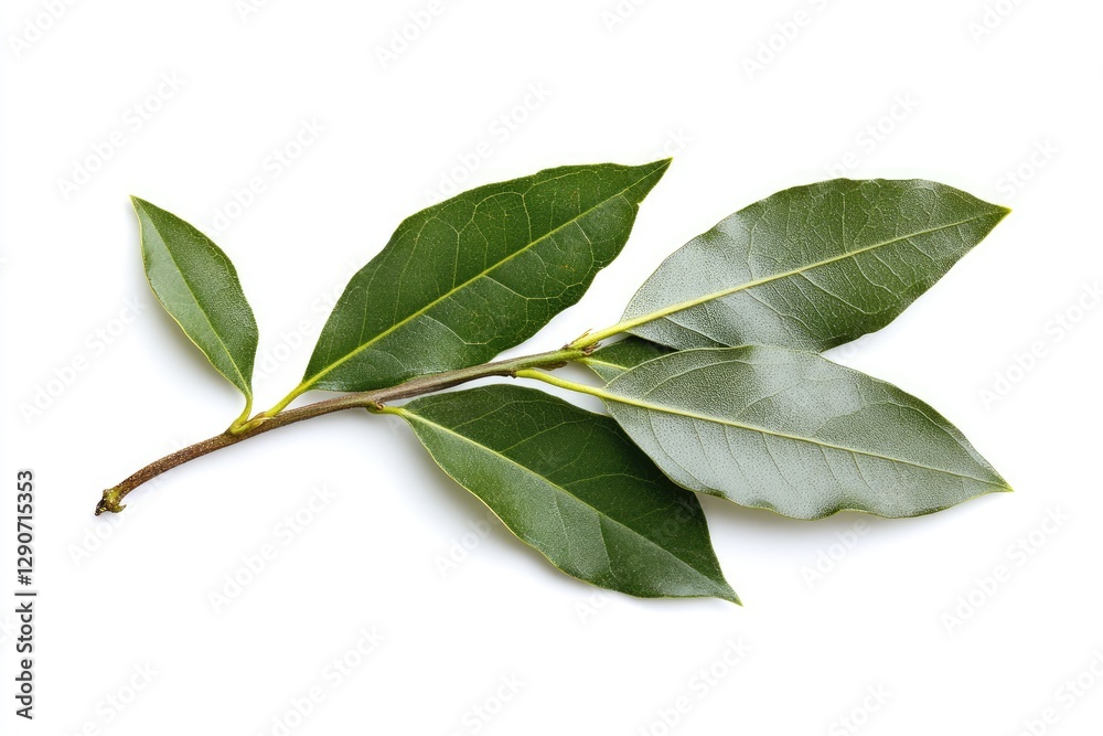 A bay leaf branch with fresh, aromatic leaves, isolated A bay leaf branch with fresh, aromatic leaves, isolated
