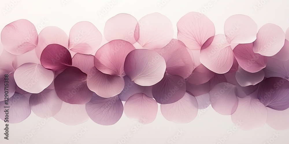 Delicate lilac and pink petals on white background, floral art, gentle and airy, minimal design