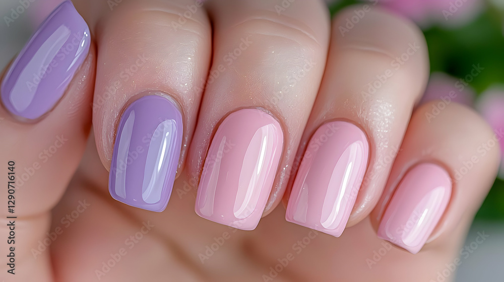 Pastel manicure, close-up, hand, flowers background, beauty Pastel manicure, close-up, hand, flowers background, beauty