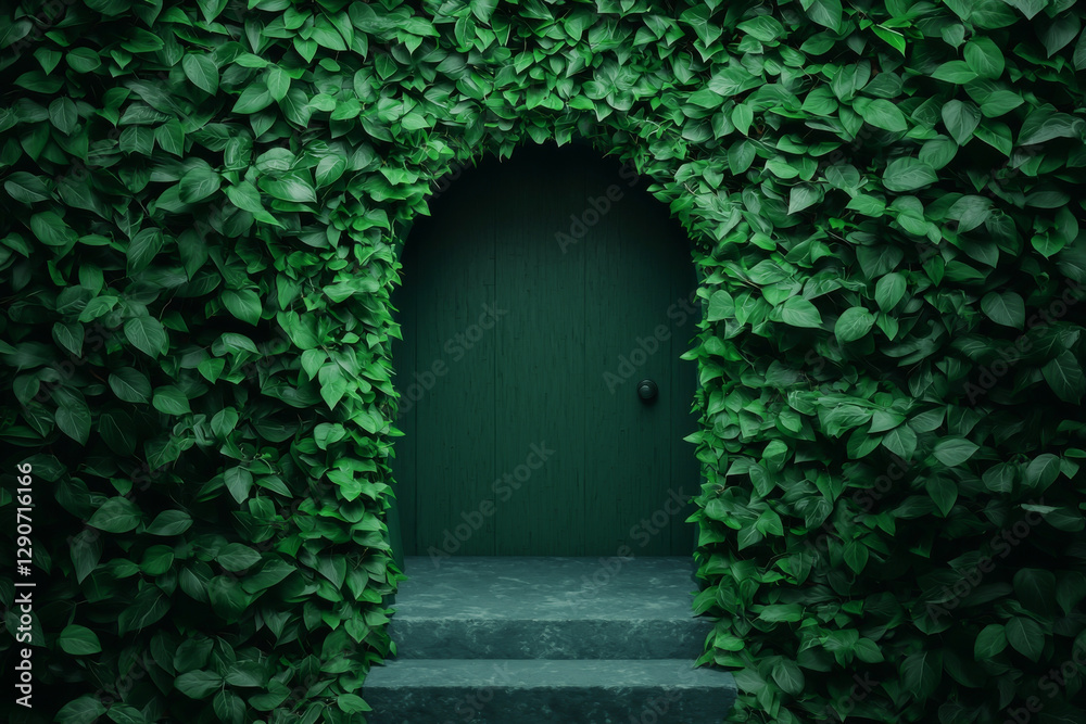 Fototapeta premium A vibrant green door surrounded by lush foliage, inviting exploration and nature's beauty.