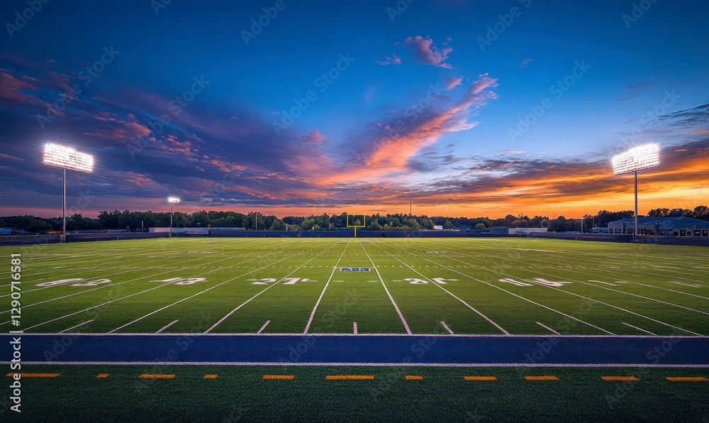 Obraz premium wide-angle view of an empty Football stadium at sunset, illuminated by lights and a green grass field under the setting sun. The sky is painted with hues of blue and orange