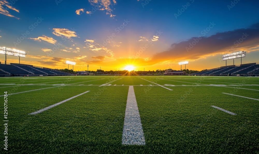 wide-angle view of an empty Football stadium at sunset, illuminated by lights and a green grass field under the setting sun. The sky is painted with hues of blue and orange wide-angle view of an empty Football stadium at sunset, illuminated by lights and a green grass field under the setting sun. The sky is painted with hues of blue and orange
