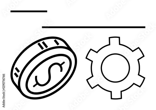 Currency coin with a dollar sign next to a gearwheel, representing financial operations. Ideal for business strategies, financial planning, economic growth, investment advice, banking services