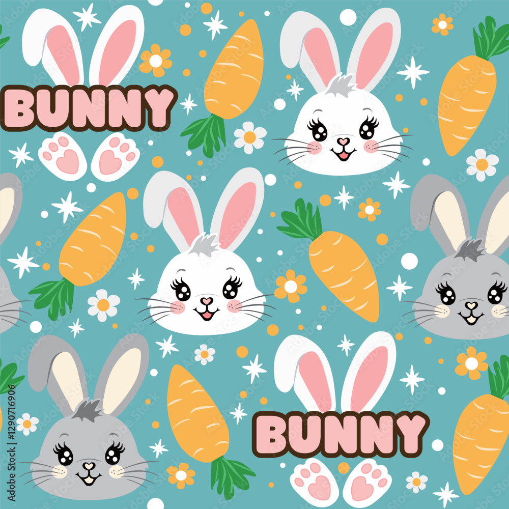 Cute Kawaii Bunny Seamless Pattern with Carrots and Text on a Teal Background Cute Kawaii Bunny Seamless Pattern with Carrots and Text on a Teal Background