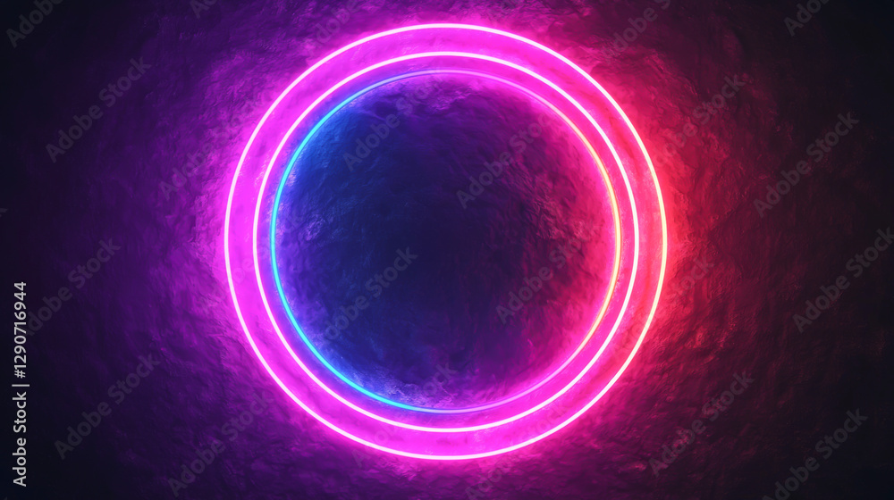 Obraz premium A vibrant neon circle with glowing pink and blue lights against a dark background.