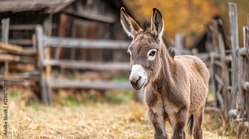 Sweet little donkey standing in a barnyard with a rustic wooden fence in the background Sweet little donkey standing in a barnyard with a rustic wooden fence in the background
