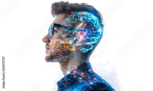 artificial intelligence concept with double exposure on a white background. A man in glasses is thinking about something futuristic and high-tech, glowing brain structure. 