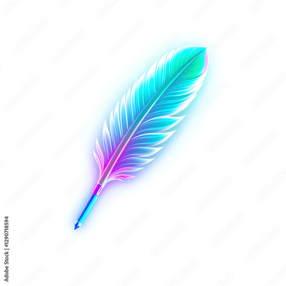 Feather pen holographic 3D icon. neon symbol vector illustration isolated on white background. Generative AI Feather pen holographic 3D icon. neon symbol vector illustration isolated on white background. Generative AI