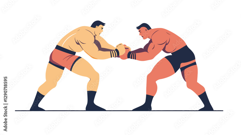 Fototapeta premium Illustration of two muscular men in wrestling attire facing each other in a wrestling stance. The style is minimalist and vector-based, with flat colors and simplified shapes. The