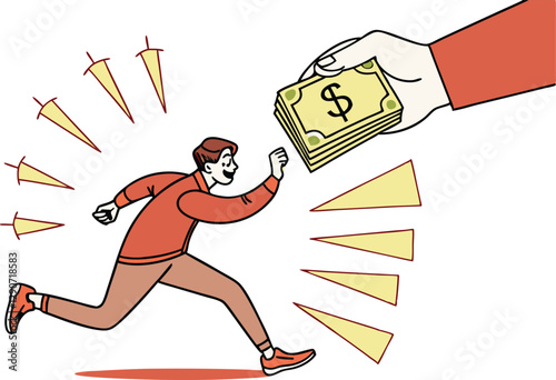 Getting paid, salary, wages payment or bonus, reward or employee benefits, tax refund or investment profit earning, loan or mortgage concept, business man hand giving money banknote to happy employee.