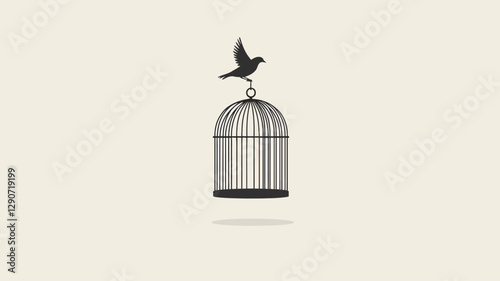 The image is a minimalist vector illustration featuring a black silhouette of a bird perched on the top of a birdcage. The bird appears to be in the act of taking flight. The cage is