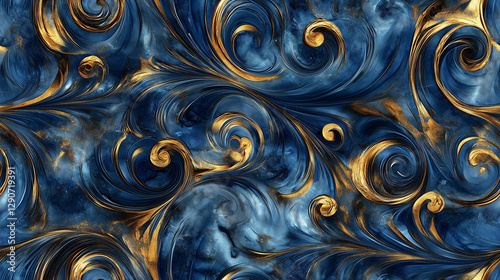 Deep blue and gold ornamental swirling pattern with rich texture