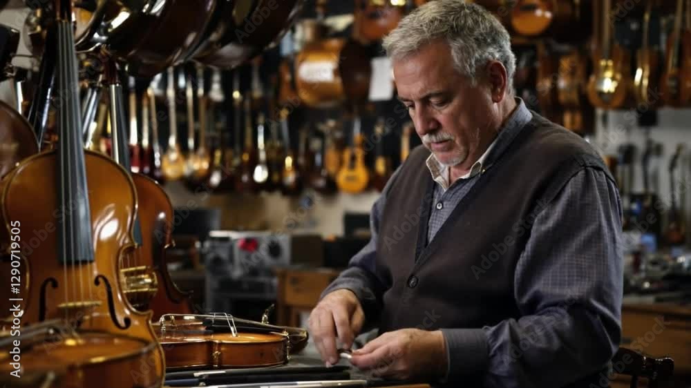 Portrait of senior entrepreneur working in his instrument repair shop, taking care of violins and other music instruments. Experienced senior is using his skills to repair instruments Portrait of senior entrepreneur working in his instrument repair shop, taking care of violins and other music instruments. Experienced senior is using his skills to repair instruments