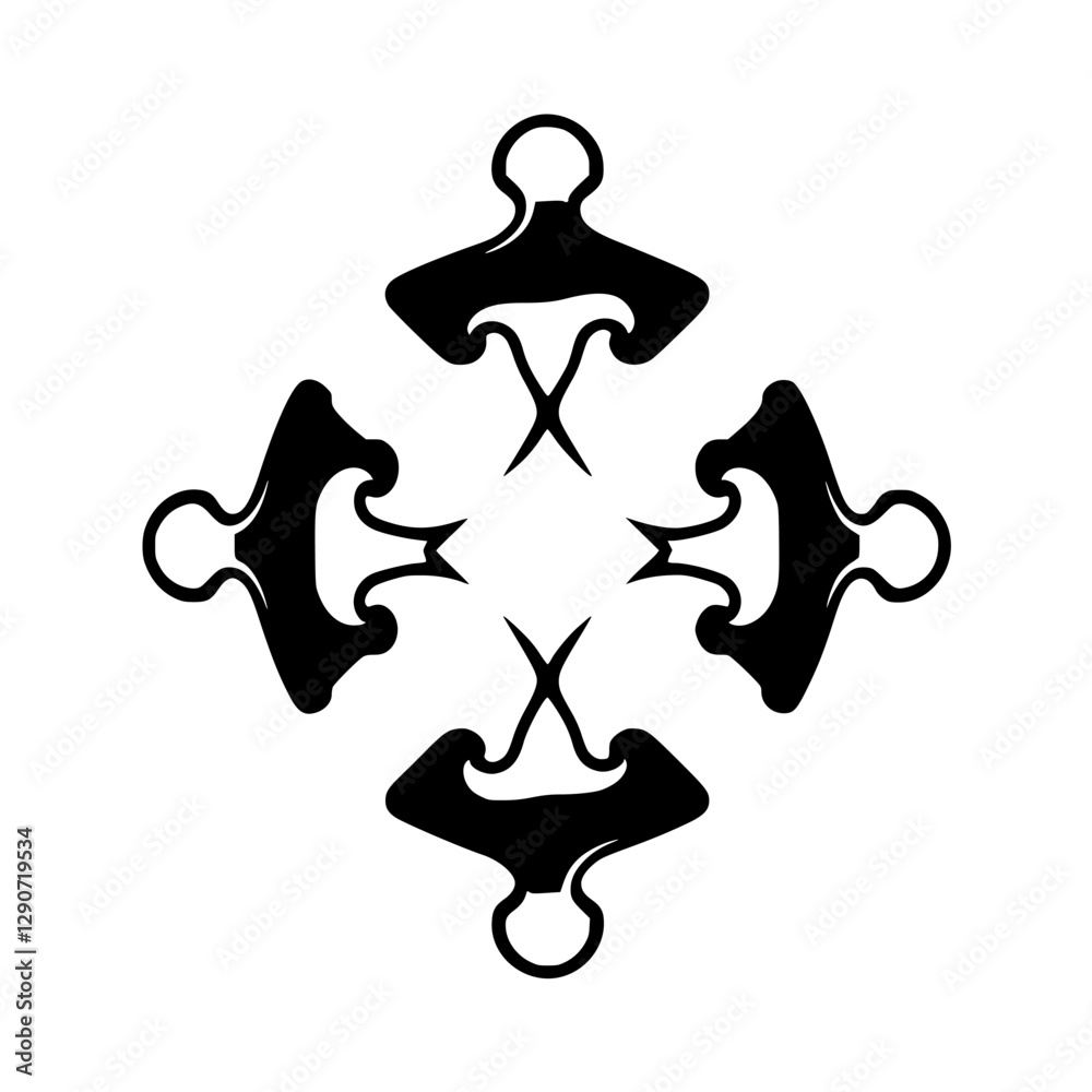 Symmetrical black and white abstract design in a minimalist style featuring a cross-like configuration of stylized shapes. Symmetrical black and white abstract design in a minimalist style featuring a cross-like configuration of stylized shapes.