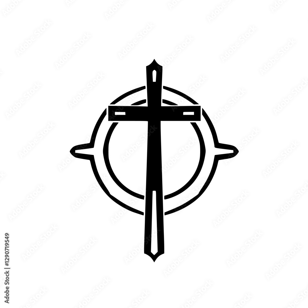 The image depicts a black cross encircled by a concentric ring and circle, radiating lines, against a white background. The image depicts a black cross encircled by a concentric ring and circle, radiating lines, against a white background.
