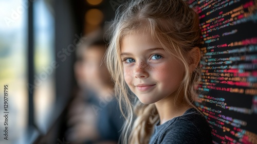 Wallpaper Mural Young Girl Smiling Next to Computer Code Torontodigital.ca