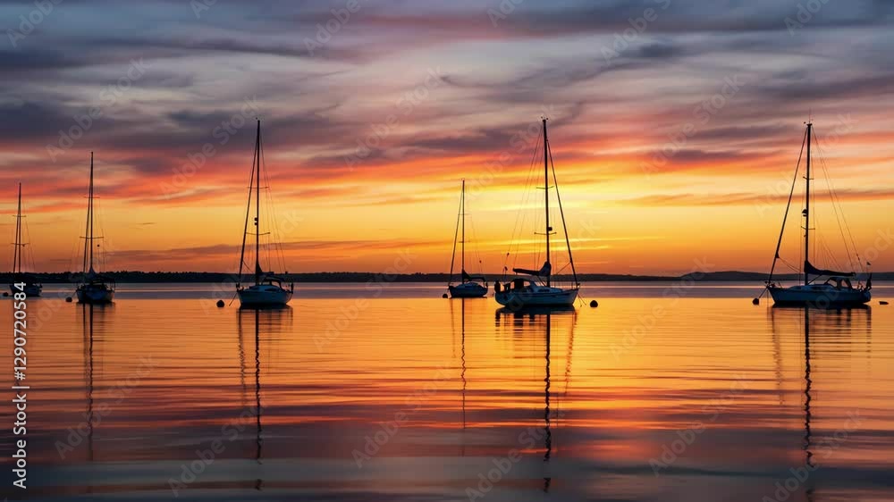 Sailboats at sunset reflected in calm waters creates a serene view