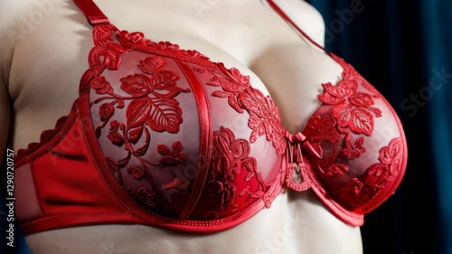 4K frame women's breasts in a red -up red bra.