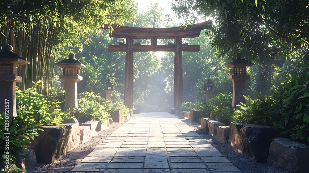 Serene Japanese Garden Path to Torii Gate. Serene Japanese Garden Path to Torii Gate.